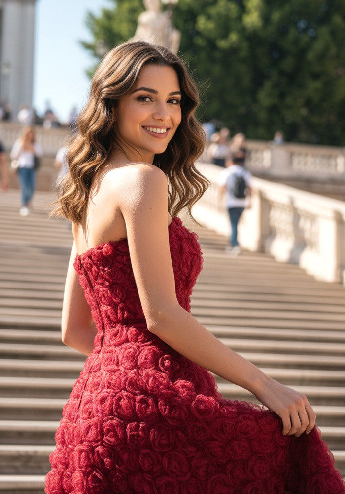 Strapless Floral A Line Midi Dress Red