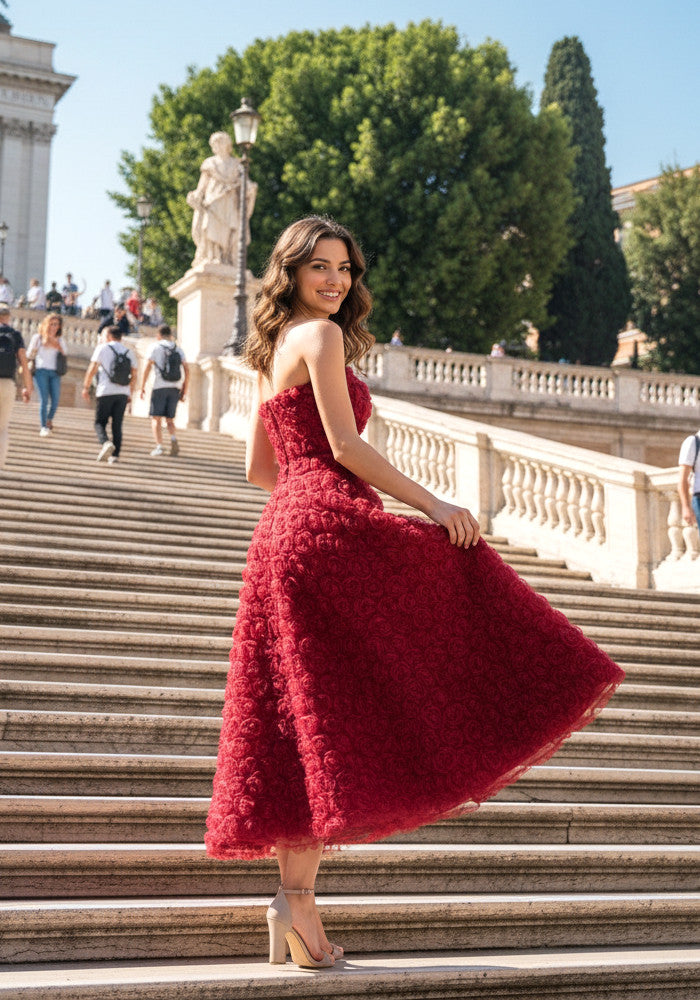 Strapless Floral A Line Midi Dress Red