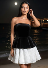 Strapless Corset Floral A Line Velvet Dress Black White