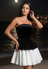 Strapless Corset Floral A Line Velvet Dress Black White