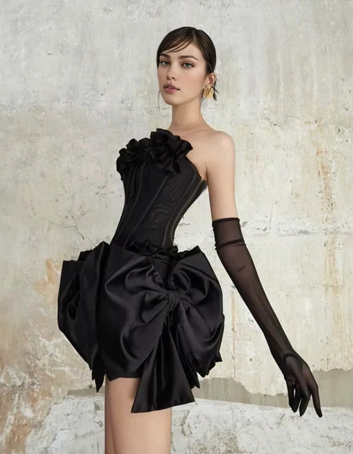 Strapless Floral Bow Corset Two Piece Dress Black