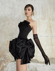 Strapless Floral Bow Corset Two Piece Dress Black