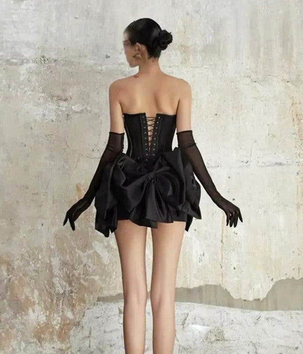 Strapless Floral Bow Corset Two Piece Dress Black