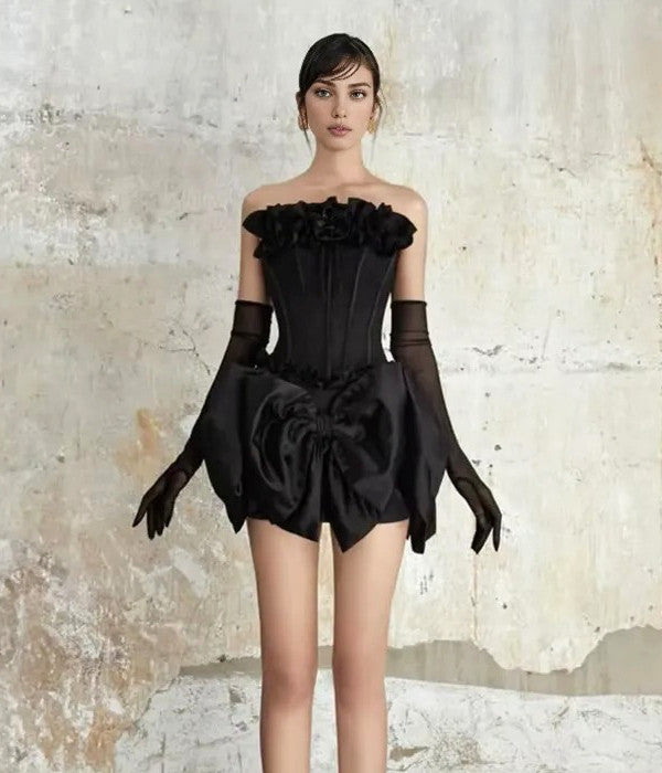 Strapless Floral Bow Corset Two Piece Dress Black