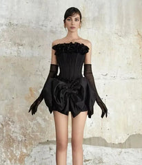 Strapless Floral Bow Corset Two Piece Dress Black