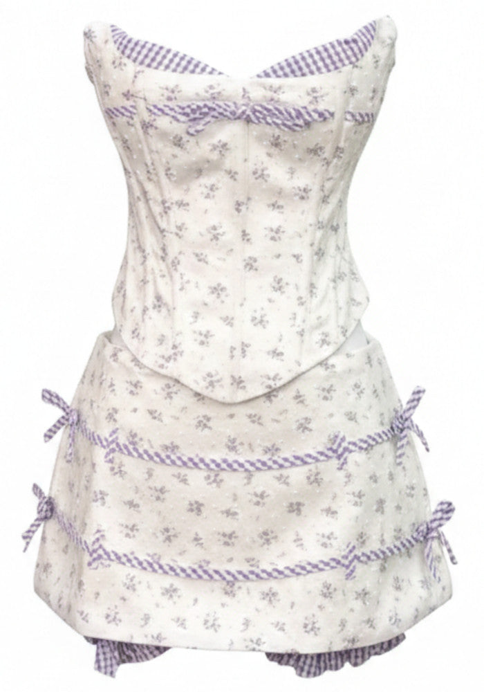 Strapless Floral Corset Two Piece Dress White Purple