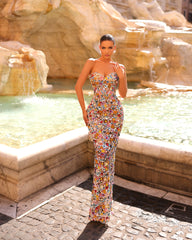 Strapless Floral Bustier Maxi Dress Hot Pink Yellow