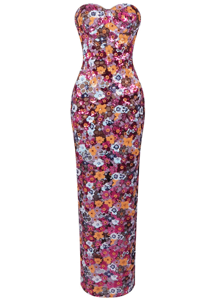 Strapless Floral Bustier Maxi Dress Hot Pink Yellow