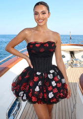 Strapless Floral Corset Bubble Dress Black