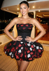 Strapless Floral Corset Bubble Dress Black