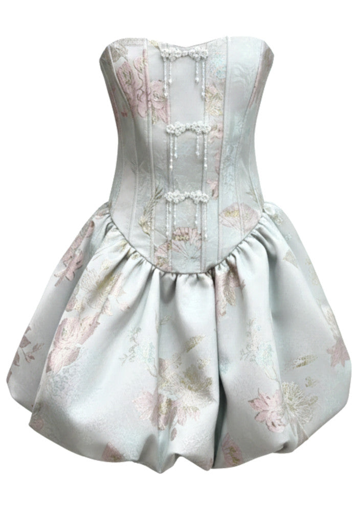 Strapless Floral Bubble Corset Dress Light Blue