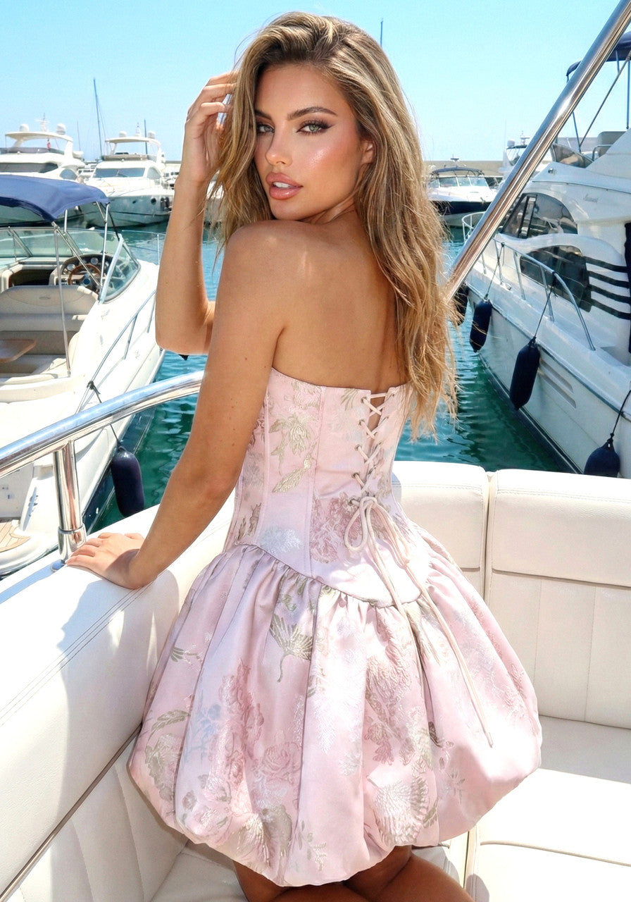 Strapless Floral Bubble Corset Dress Pink
