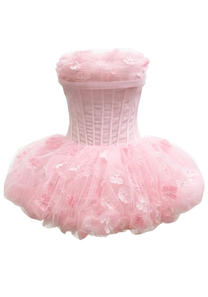 Strapless Floral Corset Bubble Dress Pink