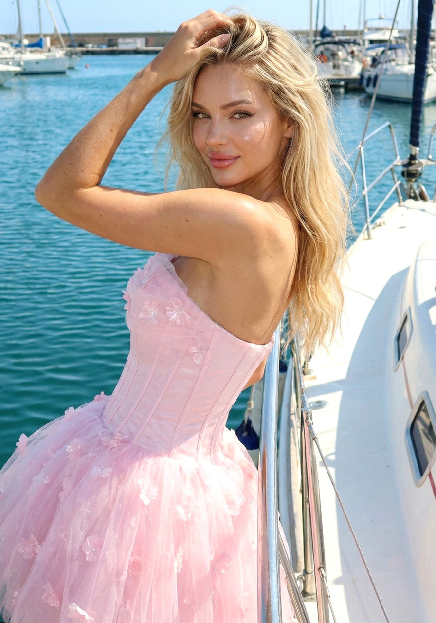 Strapless Floral Corset Bubble Dress Pink