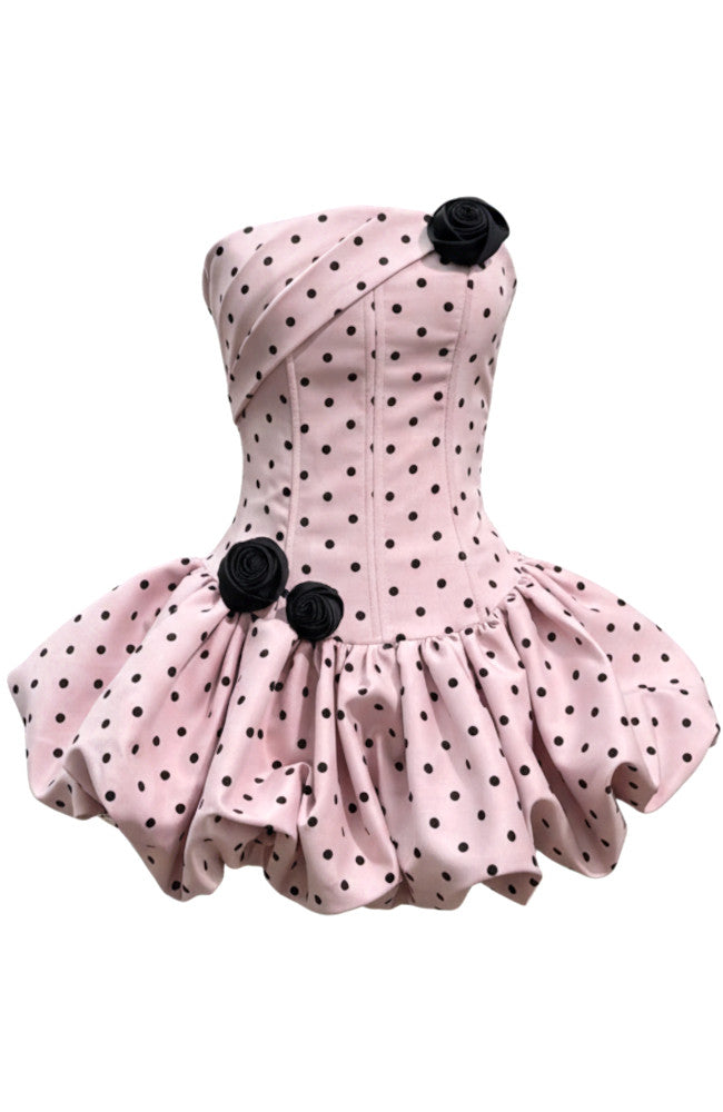 Polka Dot Strapless Floral Corset Puff Dress Pink