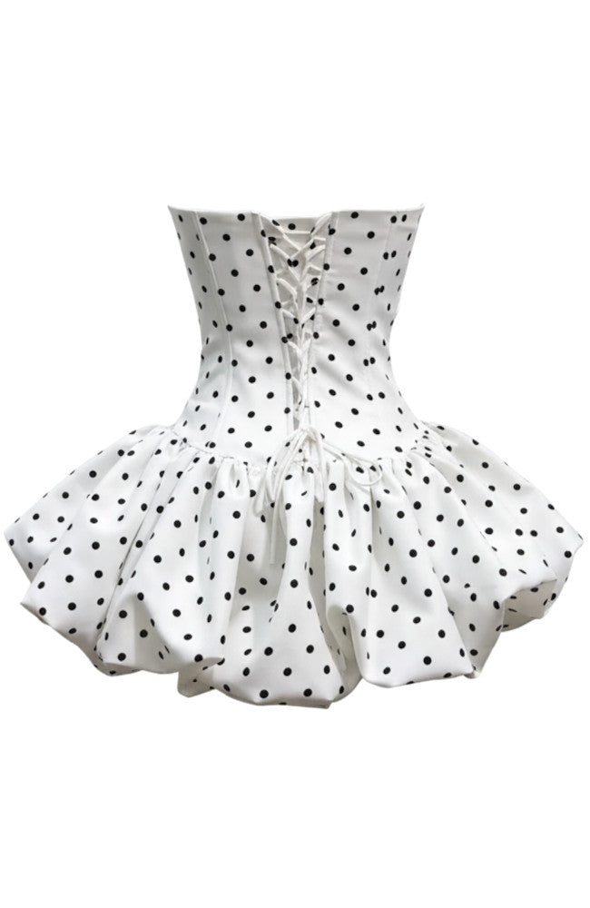 Polka Dot Strapless Floral Corset Puff Dress White