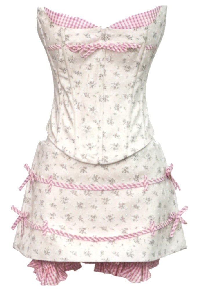 Strapless Floral Corset Two Piece Dress White Pink