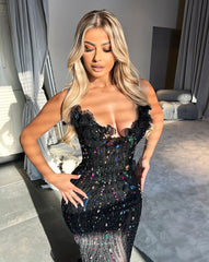 Strapless Floral Crystal Sequin Maxi Dress Black