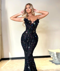 Strapless Floral Crystal Sequin Maxi Dress Black