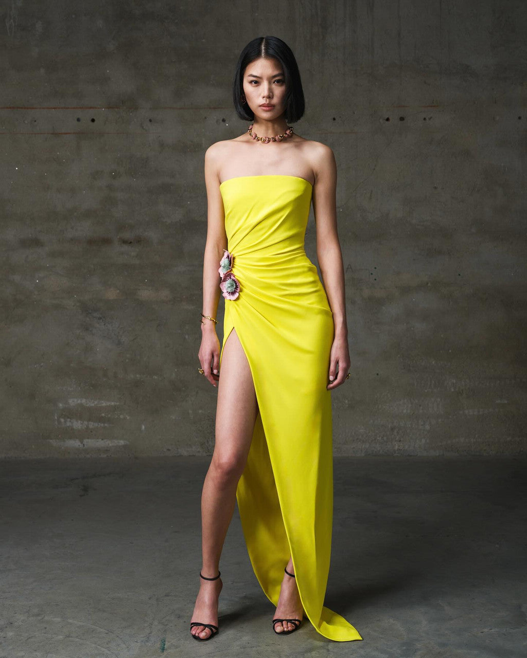 Strapless Floral Detail Maxi Dress Yellow