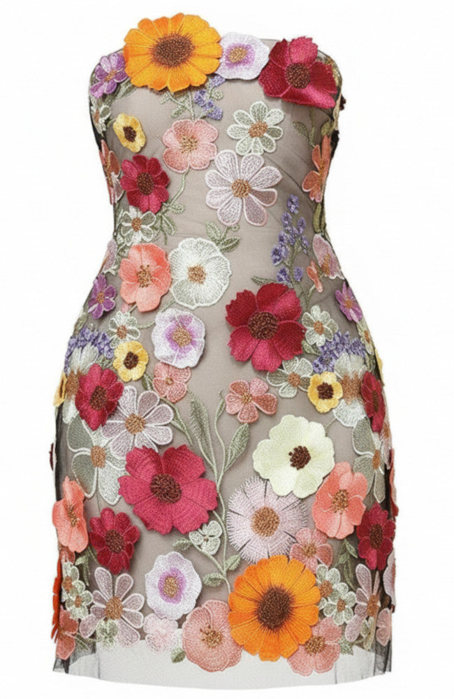 Strapless Floral Detail Dress Grey