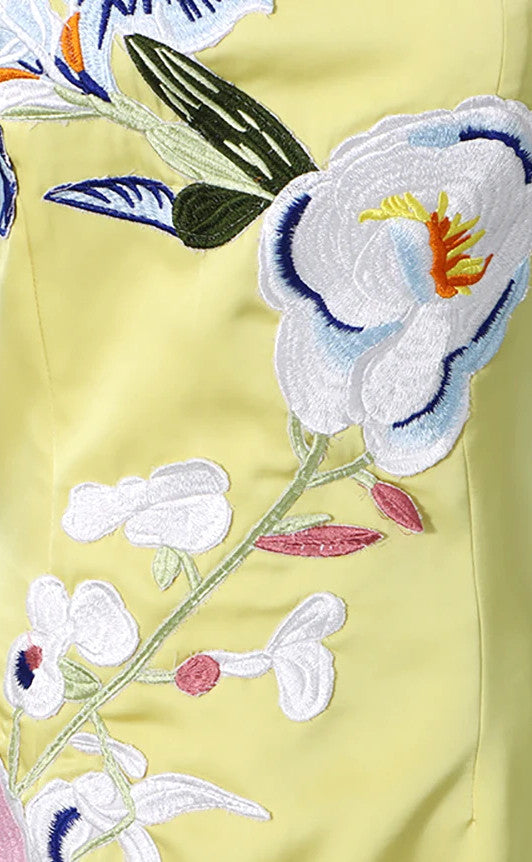 Strapless Floral Embroidered Maxi Dress Yellow