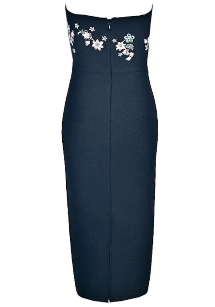 Strapless Floral Detail Midi Dress Black