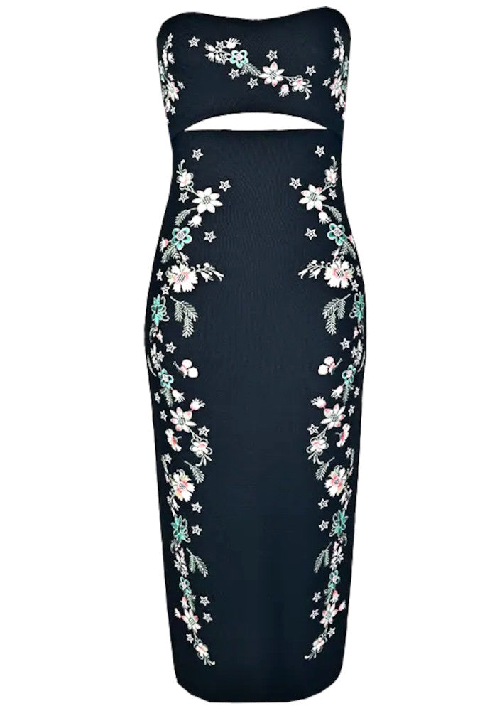 Strapless Floral Detail Midi Dress Black