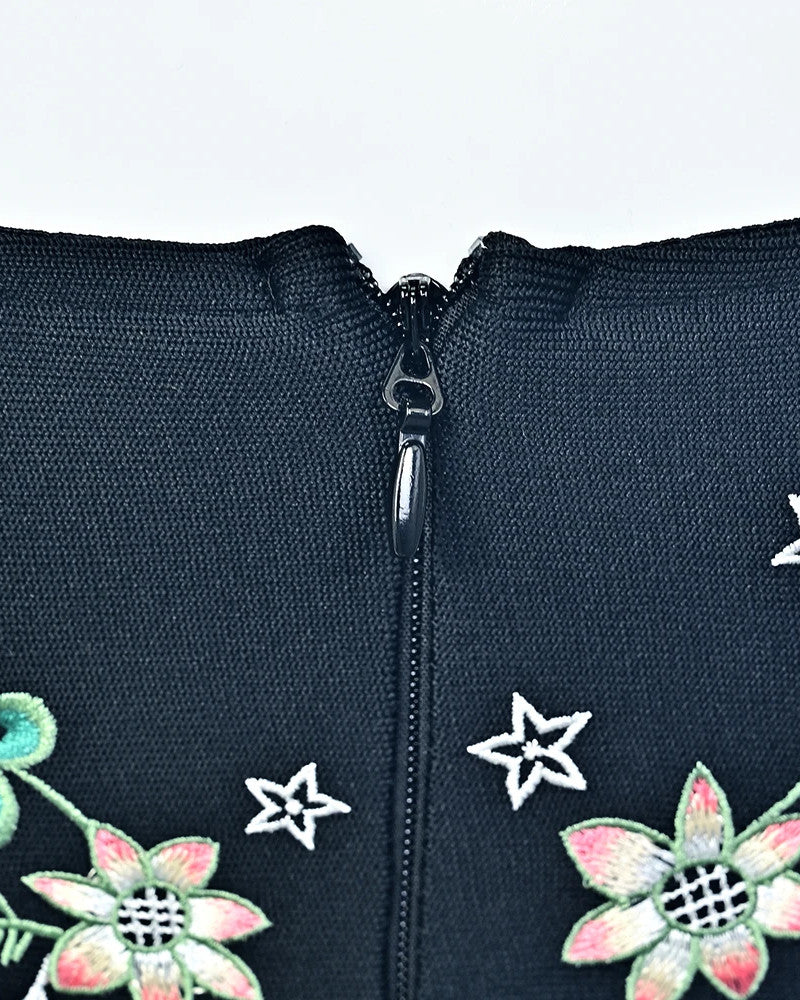 Strapless Floral Detail Midi Dress Black