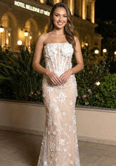 Strapless Floral Lace Sequin Maxi Dress White Nude