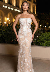 Strapless Floral Lace Sequin Maxi Dress White Nude