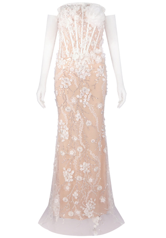 Strapless Floral Lace Sequin Maxi Dress White Nude