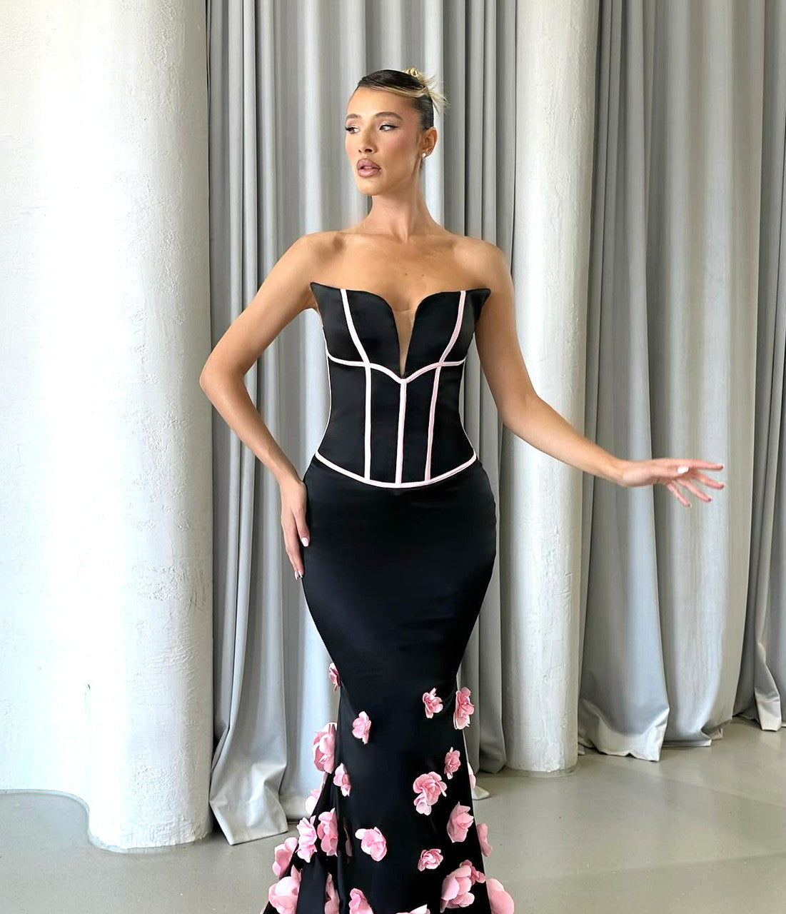 Strapless Floral Detail Maxi Dress Black Pink