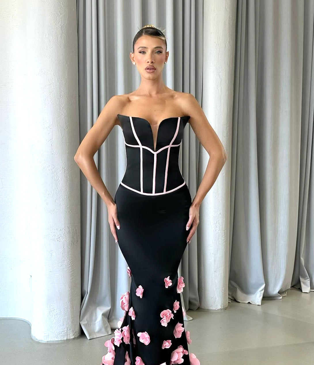 Strapless Floral Detail Maxi Dress Black Pink