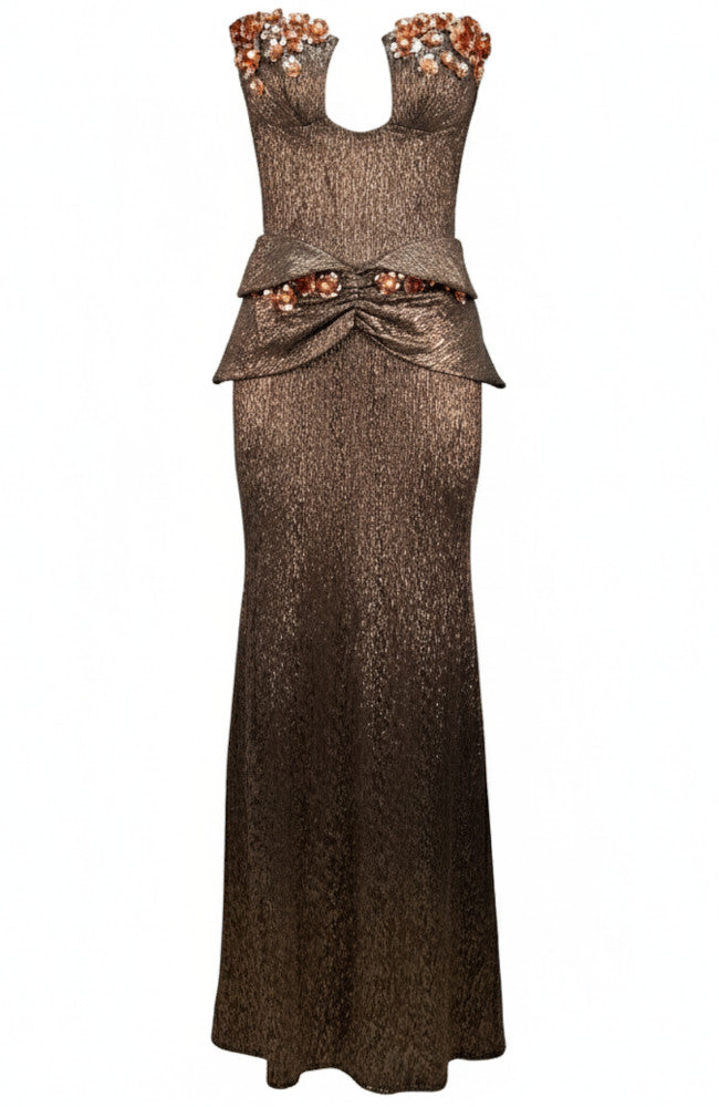 Strapless Floral Maxi Dress Brown
