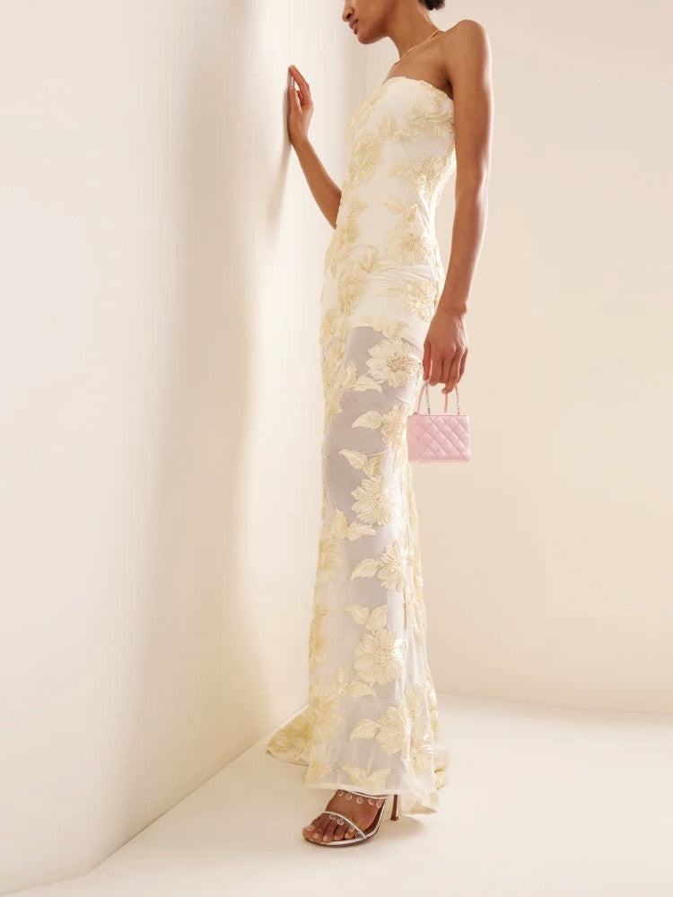 Strapless Floral Maxi Dress Ivory