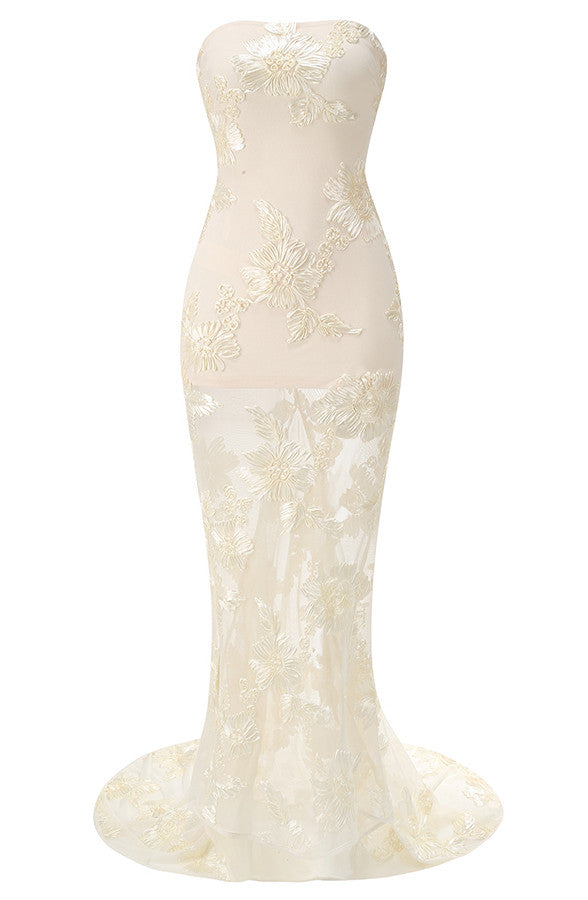 Strapless Floral Tail Maxi Dress Ivory