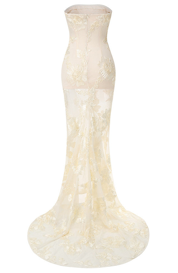 Strapless Floral Tail Maxi Dress Ivory