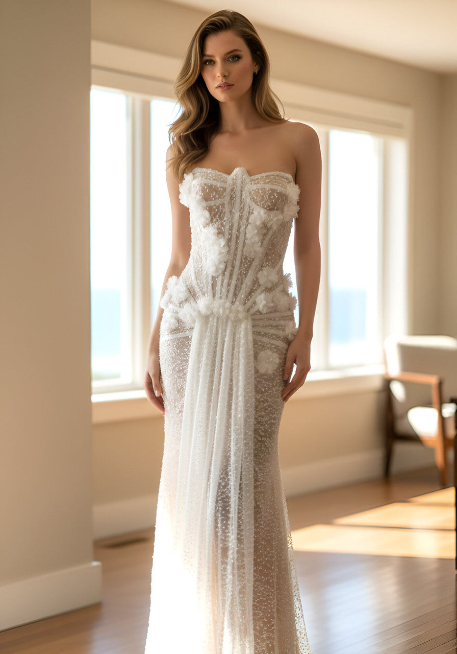 Strapless Pearl Sequin Lace Corset Maxi Dress White