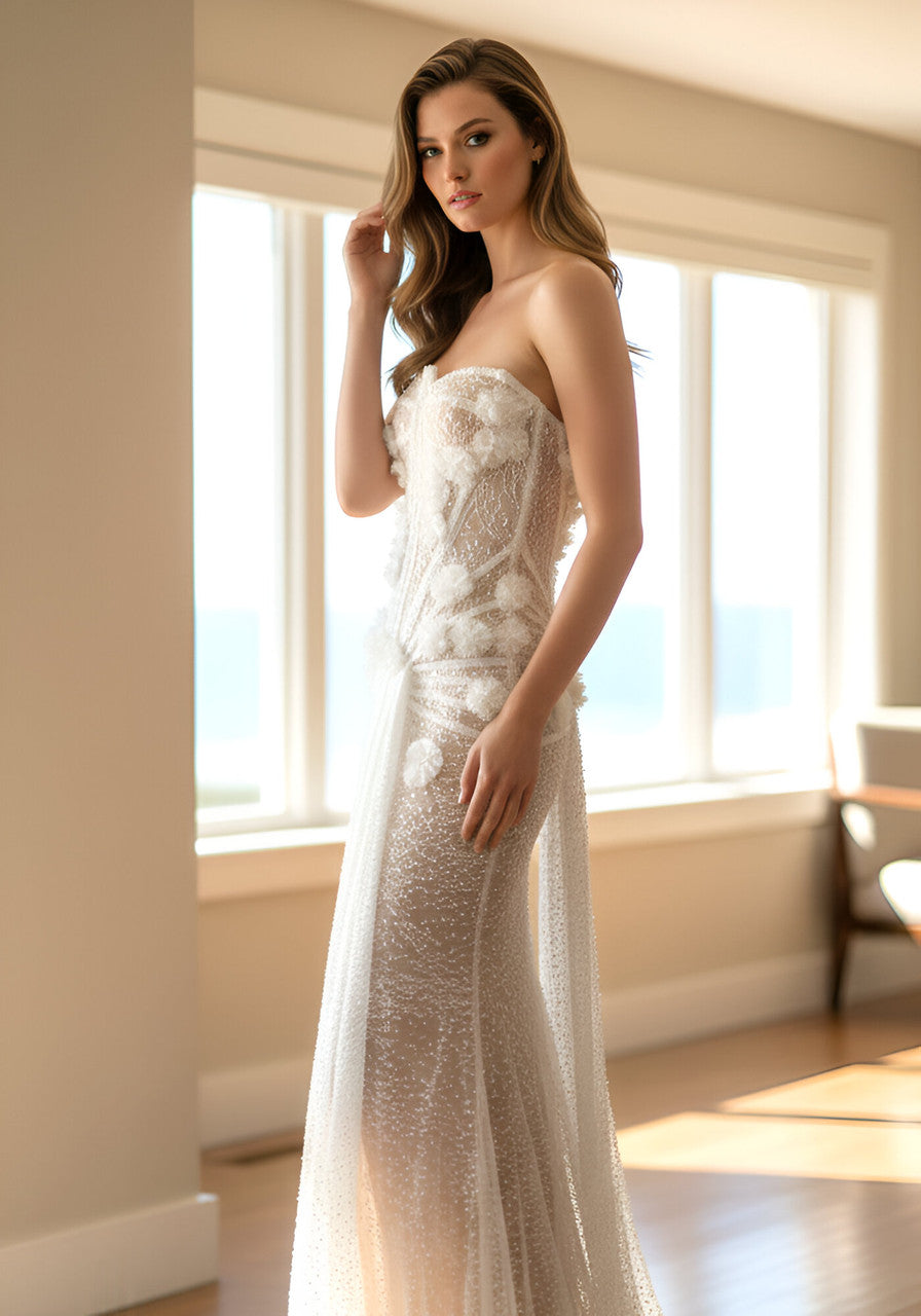Strapless Pearl Sequin Lace Corset Maxi Dress White