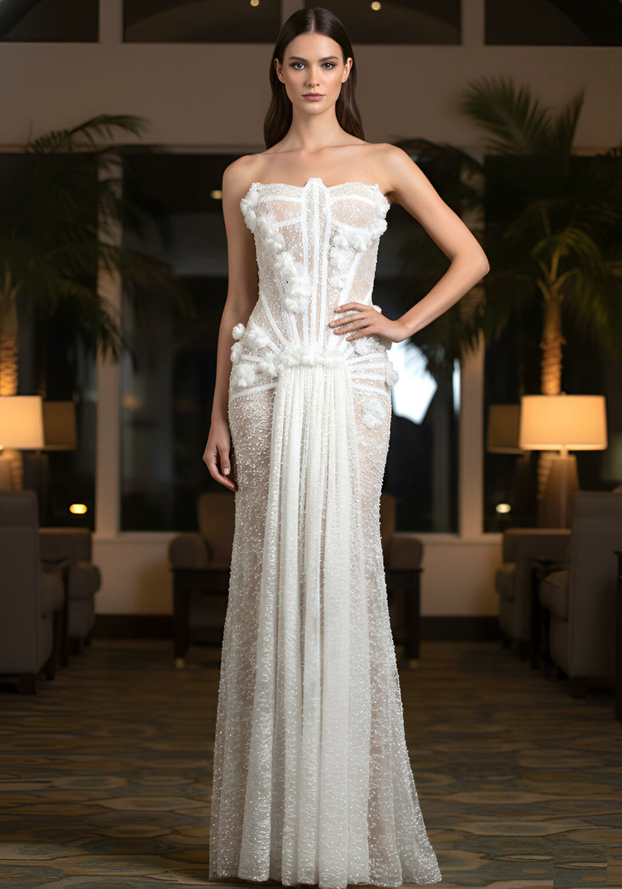 Strapless Pearl Sequin Lace Corset Maxi Dress White – LoSaTa