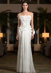 Strapless Pearl Sequin Lace Corset Maxi Dress White