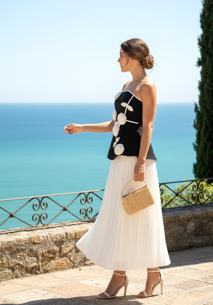 Strapless Floral Peplum Pleated Midi Dress Black White