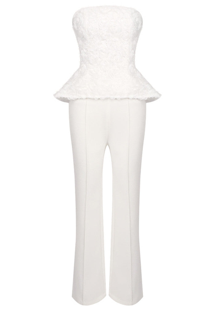 Strapless Floral Peplum Two Piece Jumpsuit White