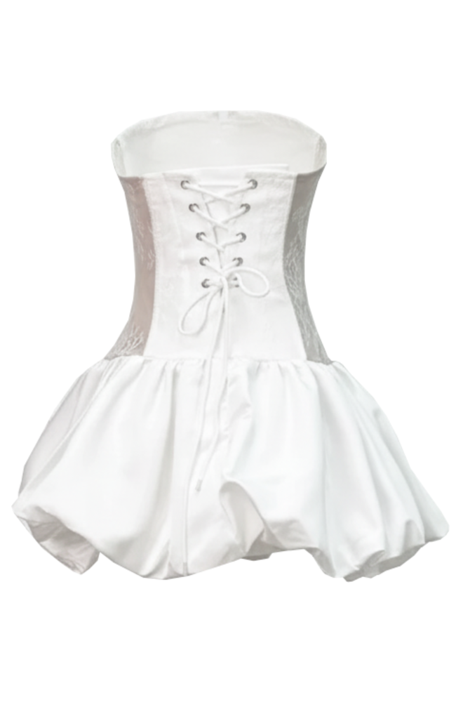 Strapless Floral Lace Corset Puff Dress White