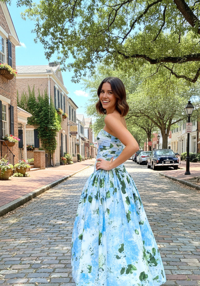 Strapless Ruched Floral Puff Maxi Dress Blue Green