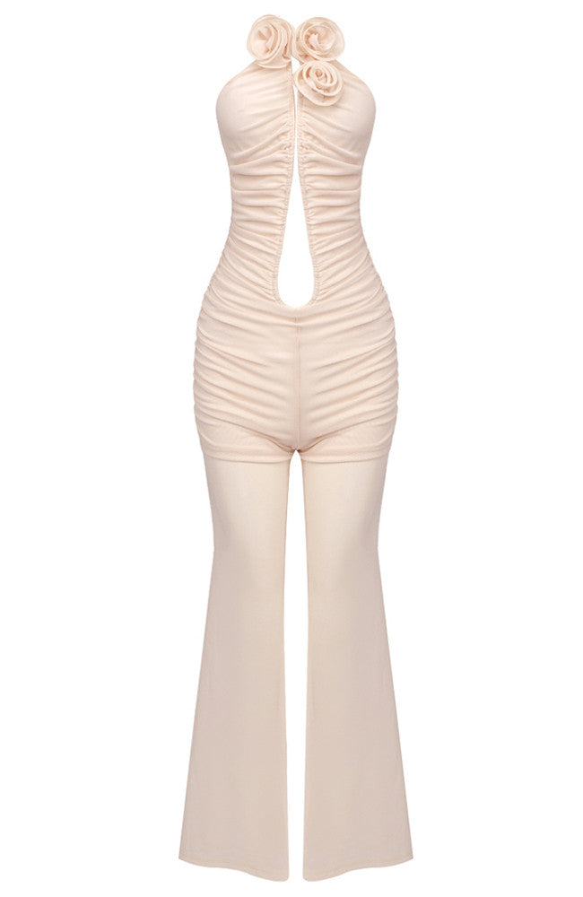 Strapless Floral Ruched Jumpsuit Nude