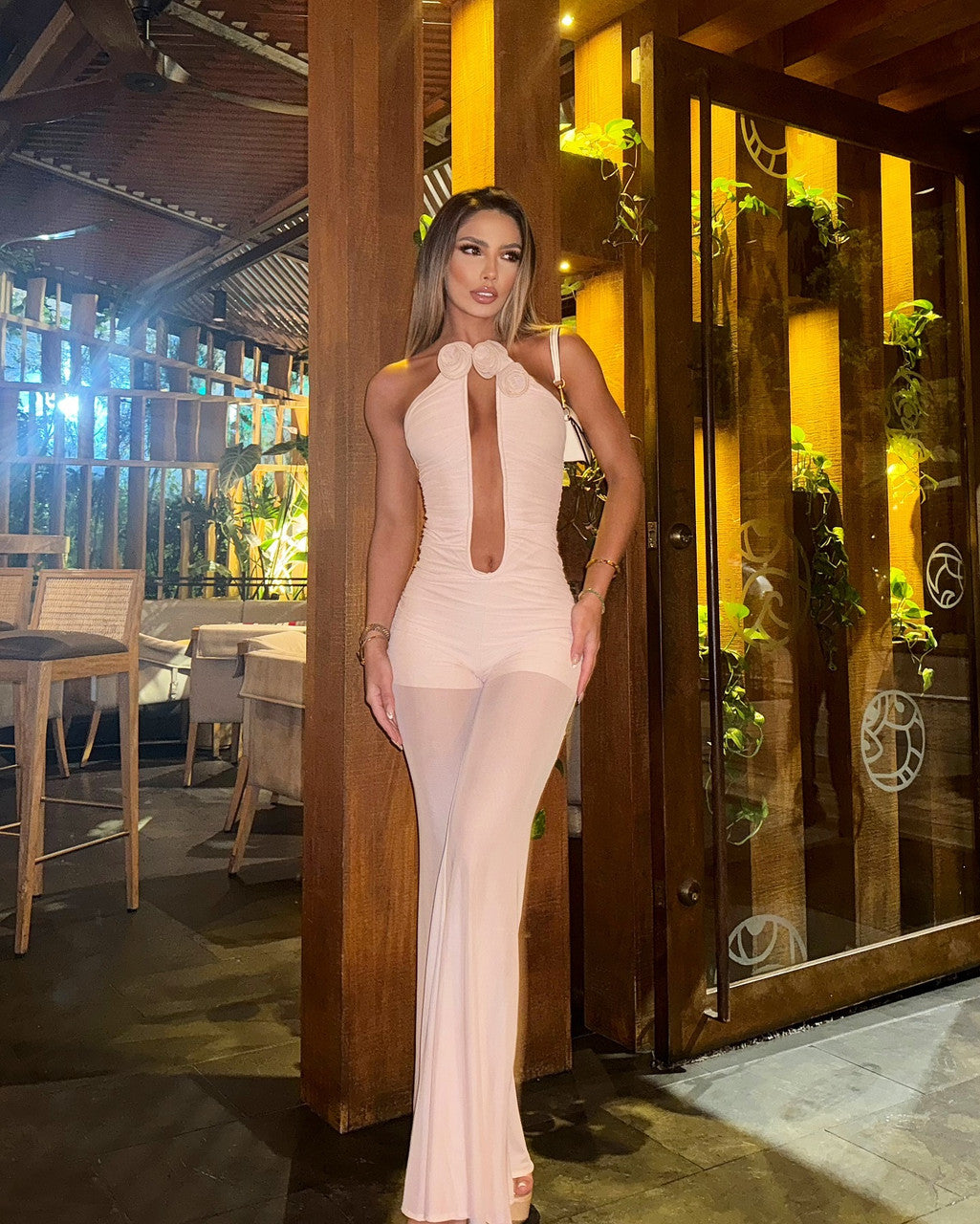 Strapless Floral Ruched Jumpsuit Nude