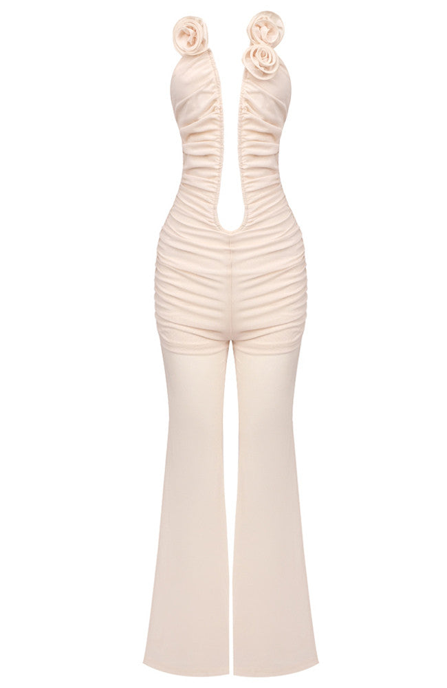 Strapless Floral Ruched Jumpsuit Nude