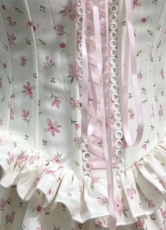 Strapless Floral Ruffle Corset Dress White Pink